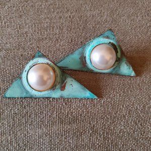 Steve Sasco Vintage Handmade Patina'ed Brass Cabochon Geometric Earrings